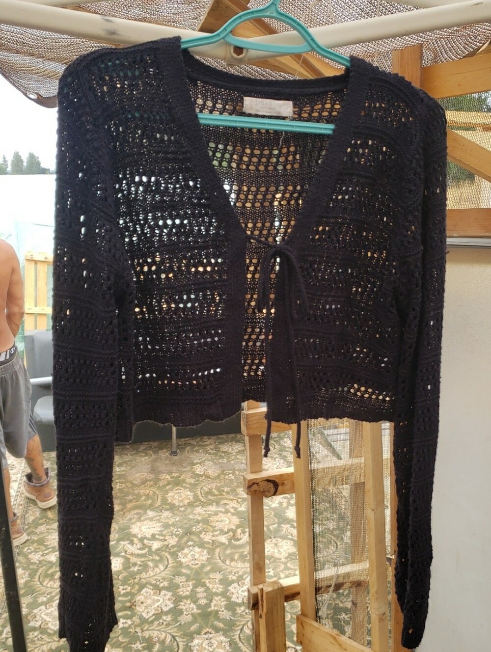 Jolie & Joy Navy Blue Crochet Knit Fairycore Crop Cardigan Tie Front Shrug L